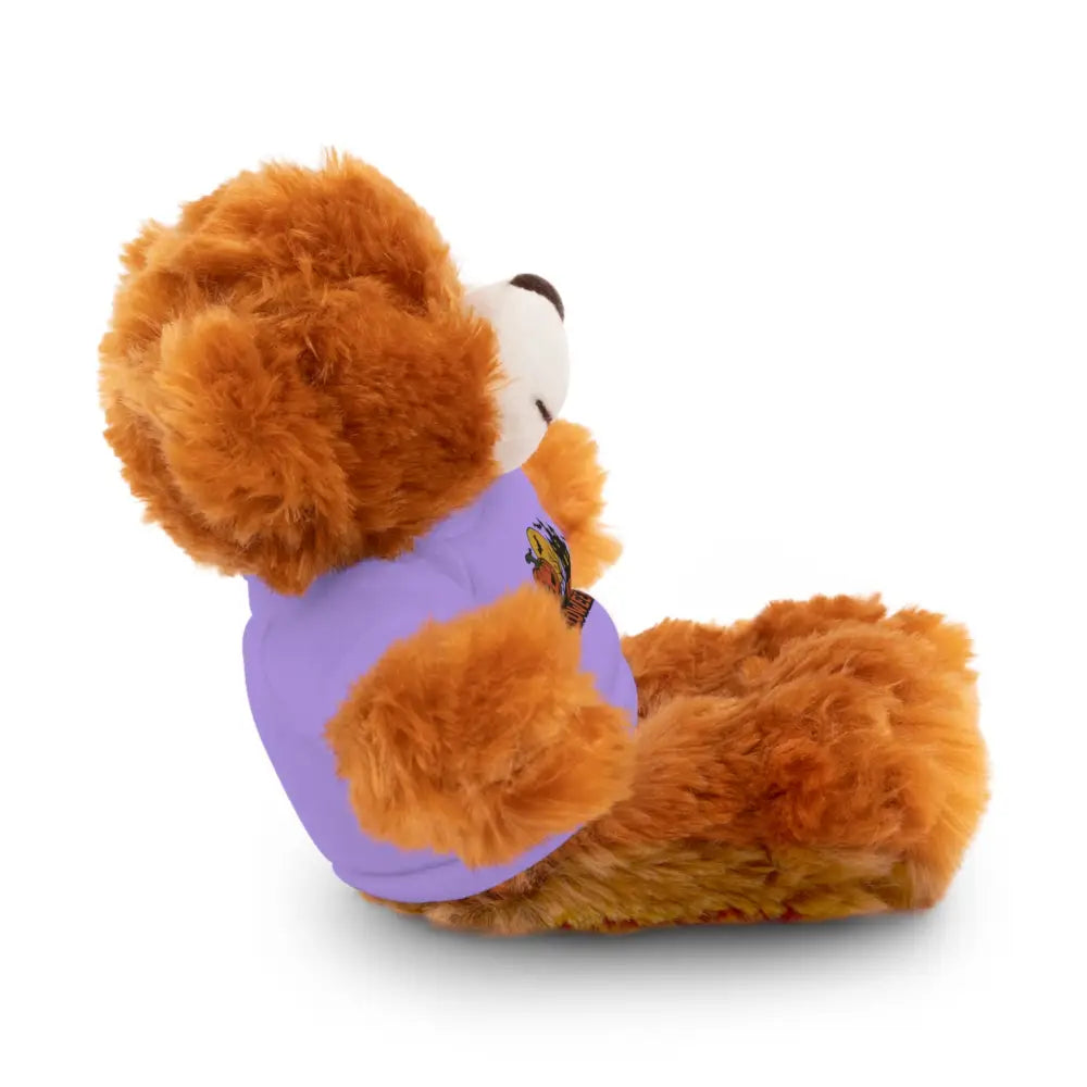Fluffy brown teddy bear wearing purple shirt with butterfly, Halloween haunted house plush