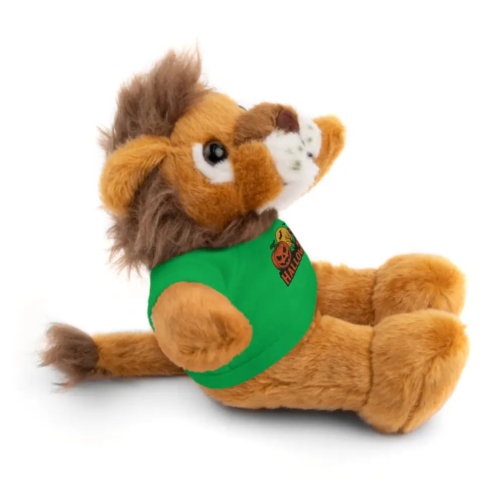 Brown plush lion wearing a Halloween haunted house themed tee, collectible plush toy