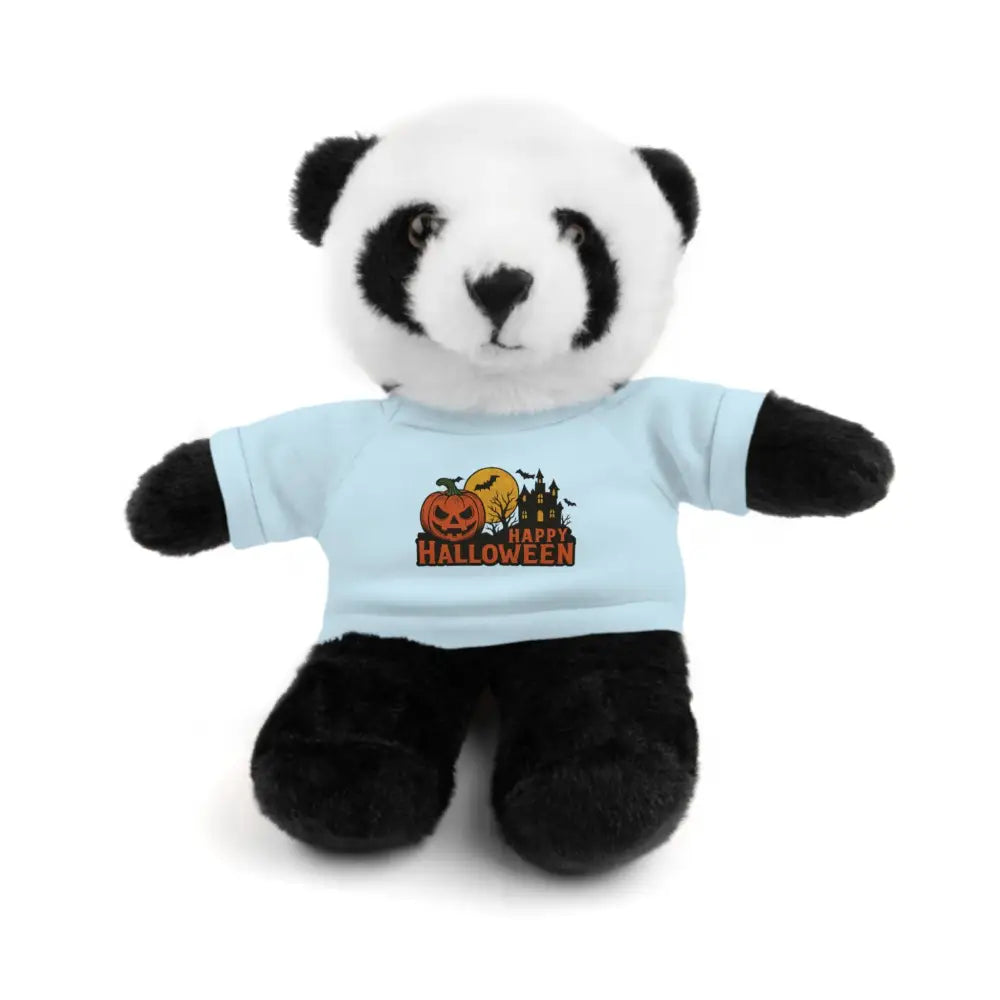 Plush panda toy wearing light blue Halloween haunted house graphic tee, collectible plush