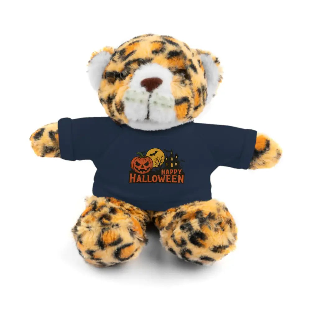 Leopard print plush toy with haunted house themed Halloween T-shirt collectible plush
