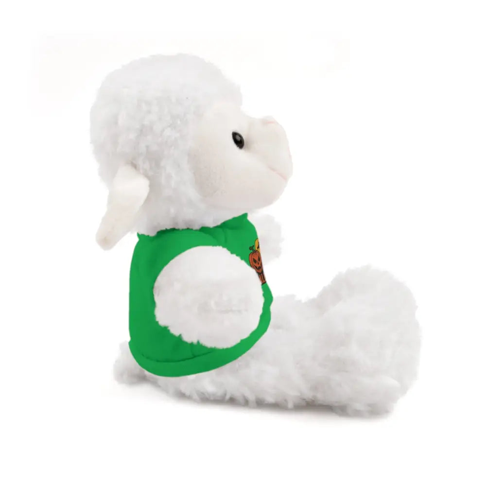 White plush lamb toy with green shirt from Halloween Stuffed Animal haunted house collection