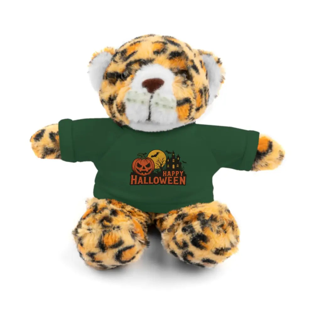 Leopard print plush toy with haunted house Halloween tee, collectible stuffed animal