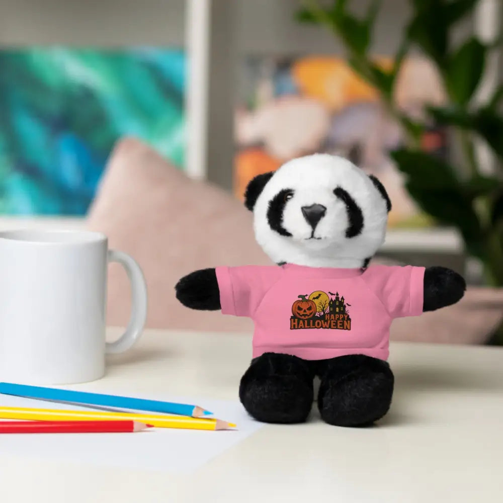 Plush panda toy wearing a pink Halloween-themed shirt, collectible haunted house plush