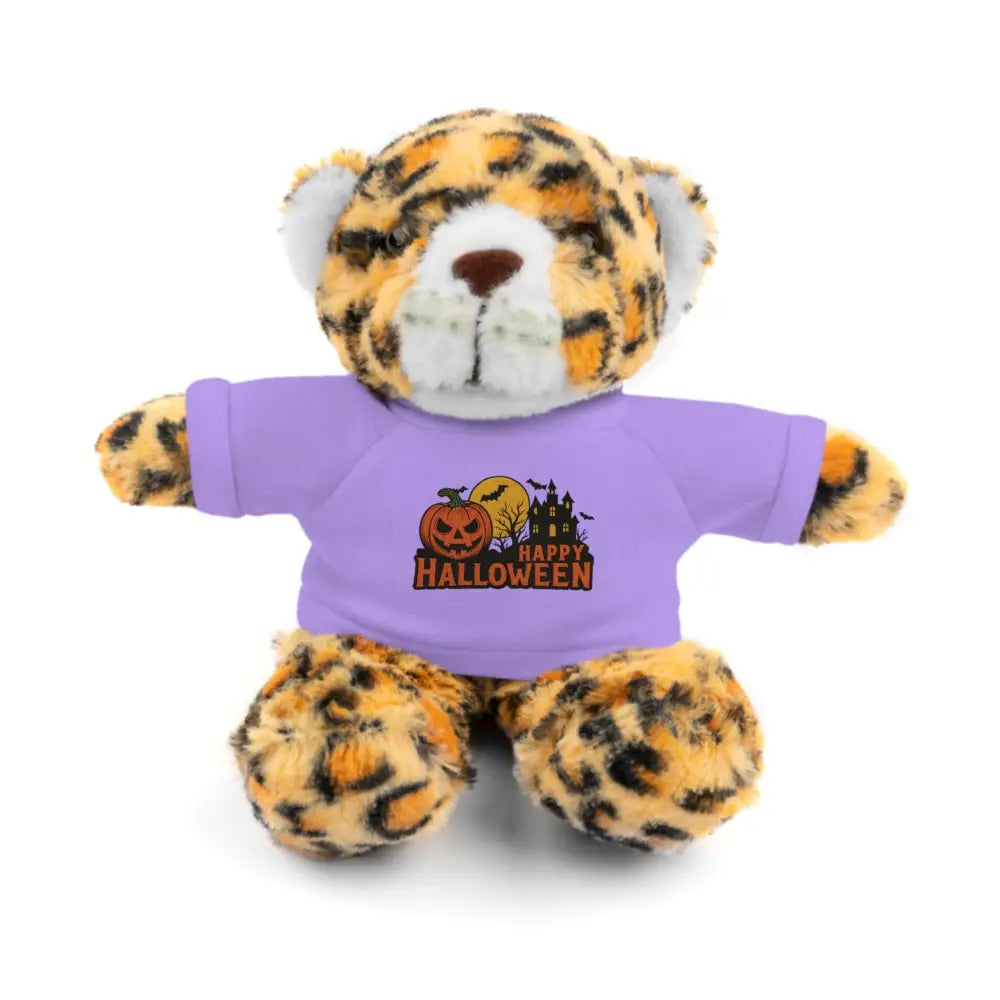 Leopard print plush toy with Halloween Tee featuring haunted house design collectible plush