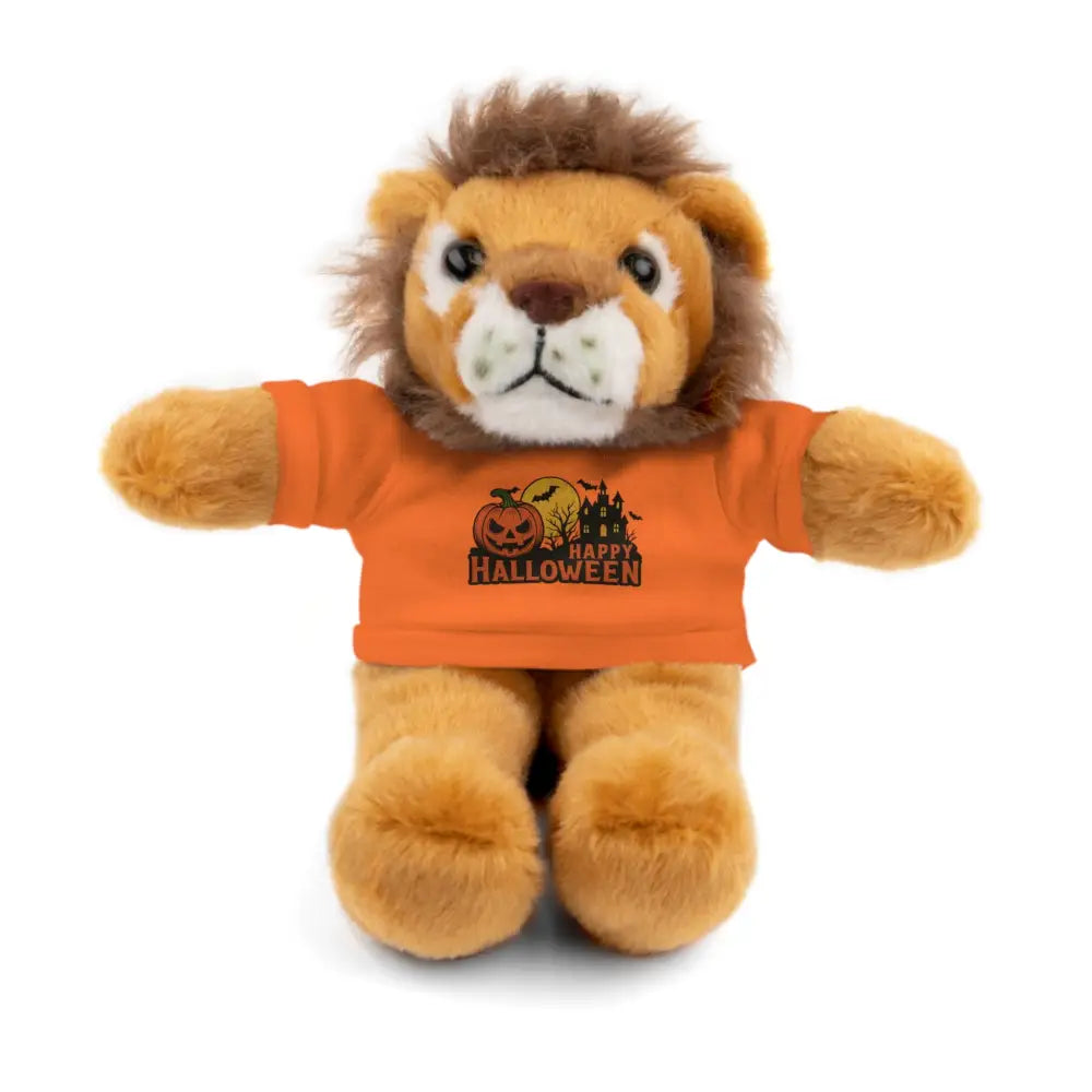 Plush lion toy wearing Happy Halloween tee with haunted house design collectible plush