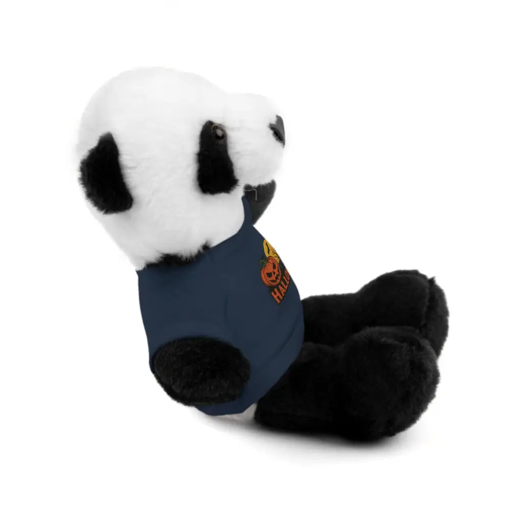 Plush panda wearing dark blue haunted house pumpkin tee collectible plush toy