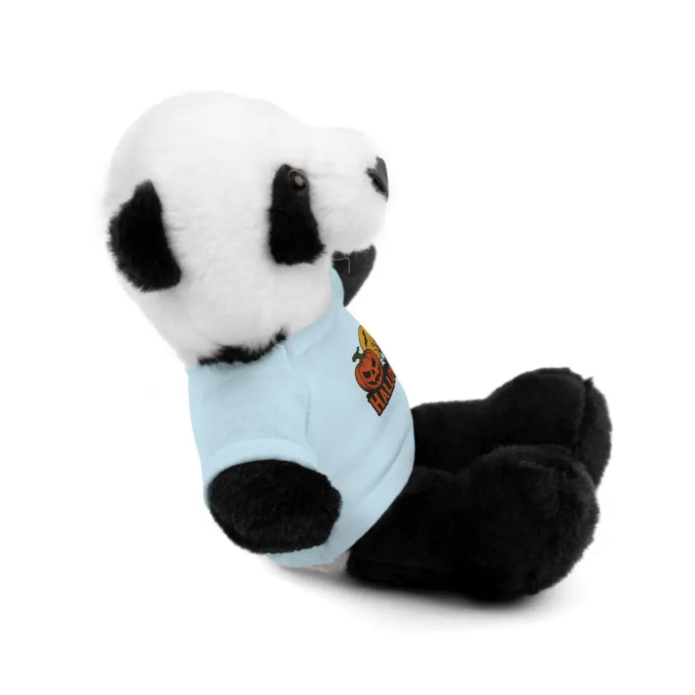 Plush panda toy wearing a light blue shirt with a pumpkin for Halloween haunted house collectible plush