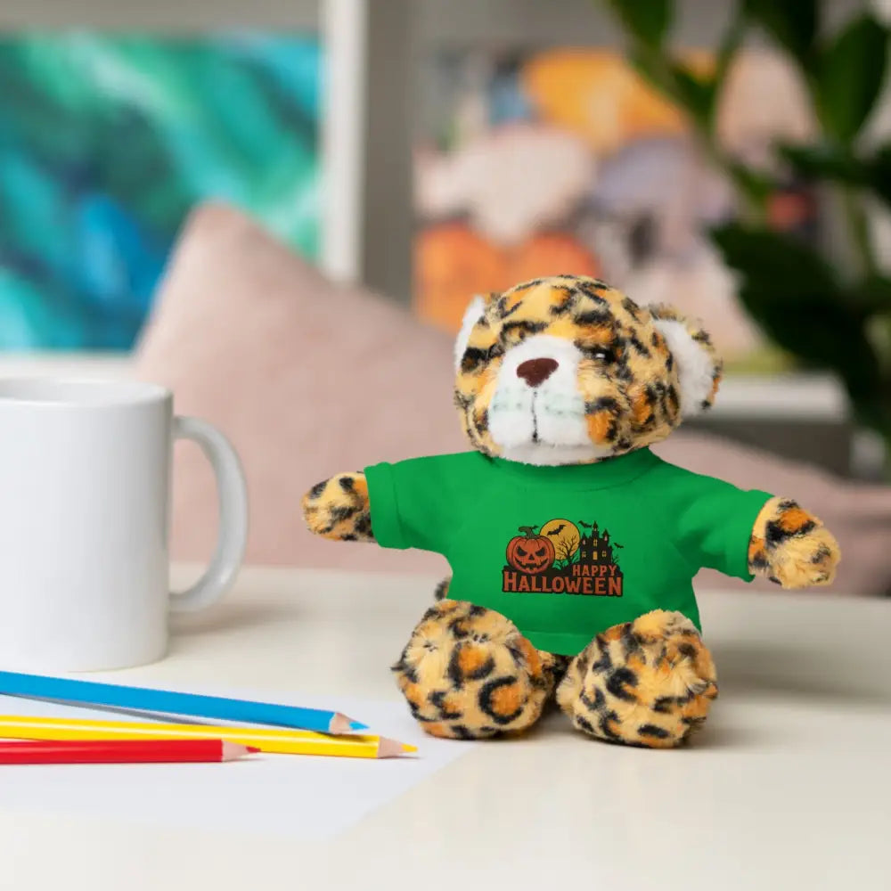 Leopard print plush toy wearing a green shirt from Halloween Haunted House collectible plush collection