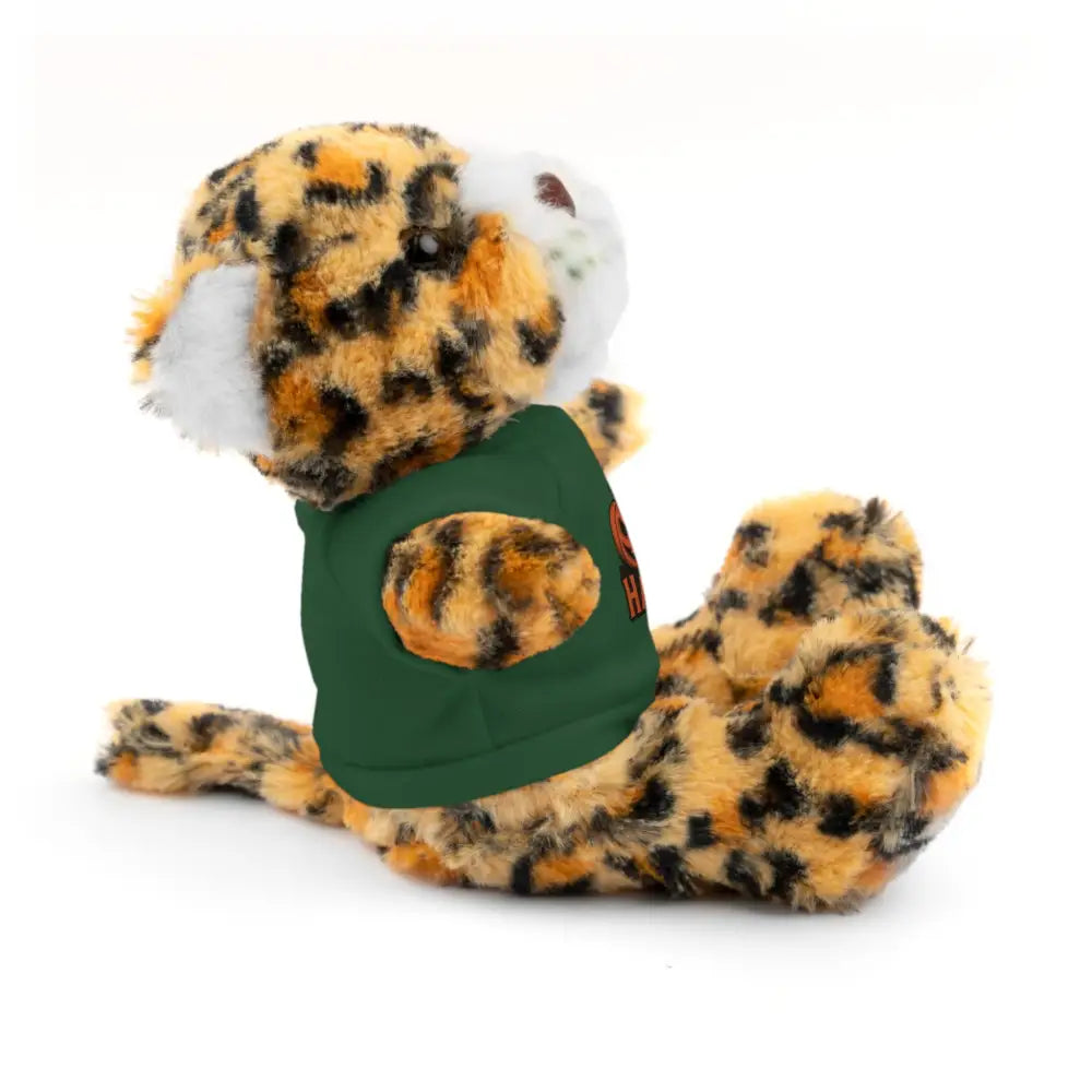 Leopard print plush toy wearing a green shirt, Halloween haunted house stuffed animal