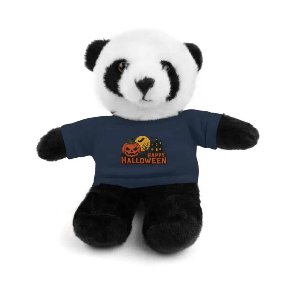 Panda plush toy wearing Halloween haunted house themed tee, collectible stuffed animal