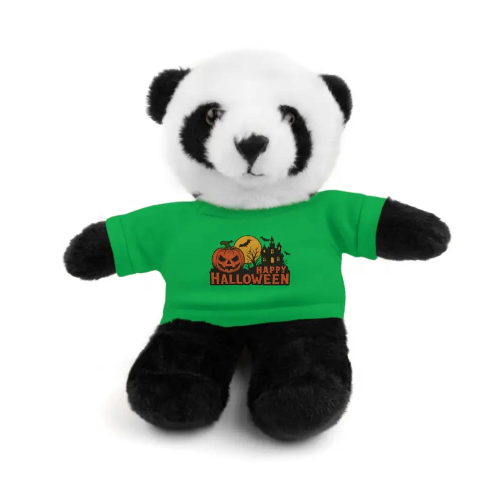 Panda plush toy wearing a Halloween haunted house themed T-shirt, collectible stuffed animal