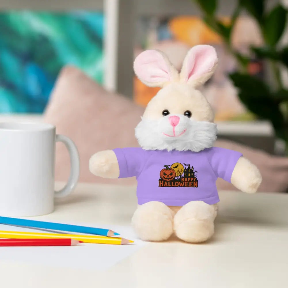 Plush bunny in purple Halloween t-shirt with haunted house graphic collectible plush toy