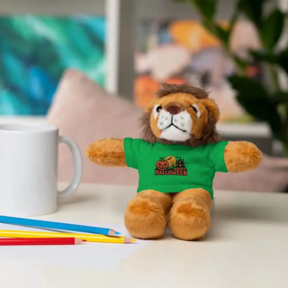 Plush lion toy wearing a green haunted house Halloween t-shirt, collectible plush toy