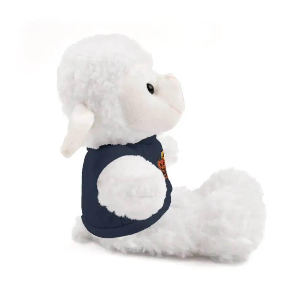 White lamb plush toy with haunted house pumpkin tee, collectible stuffed animal