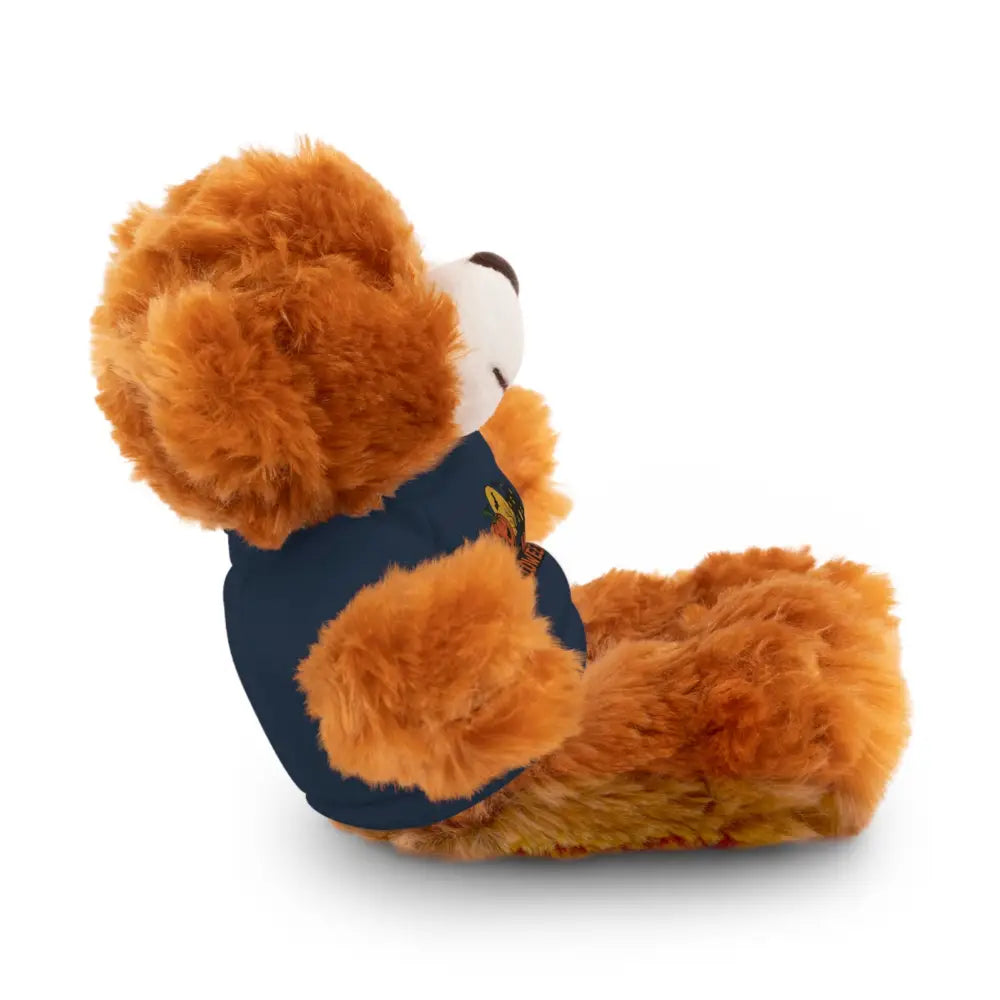 Fluffy brown teddy bear wearing a dark blue shirt from PixiOnyx Halloween Haunted House collectible plush toy collection