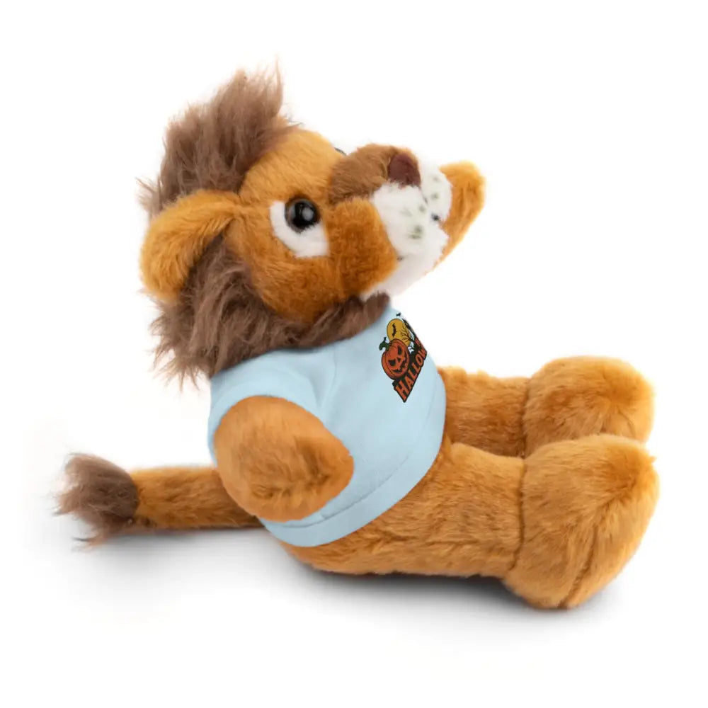 Brown plush lion wearing a light blue shirt from PixiOnyx Halloween Stuffed Animal with Haunted House design