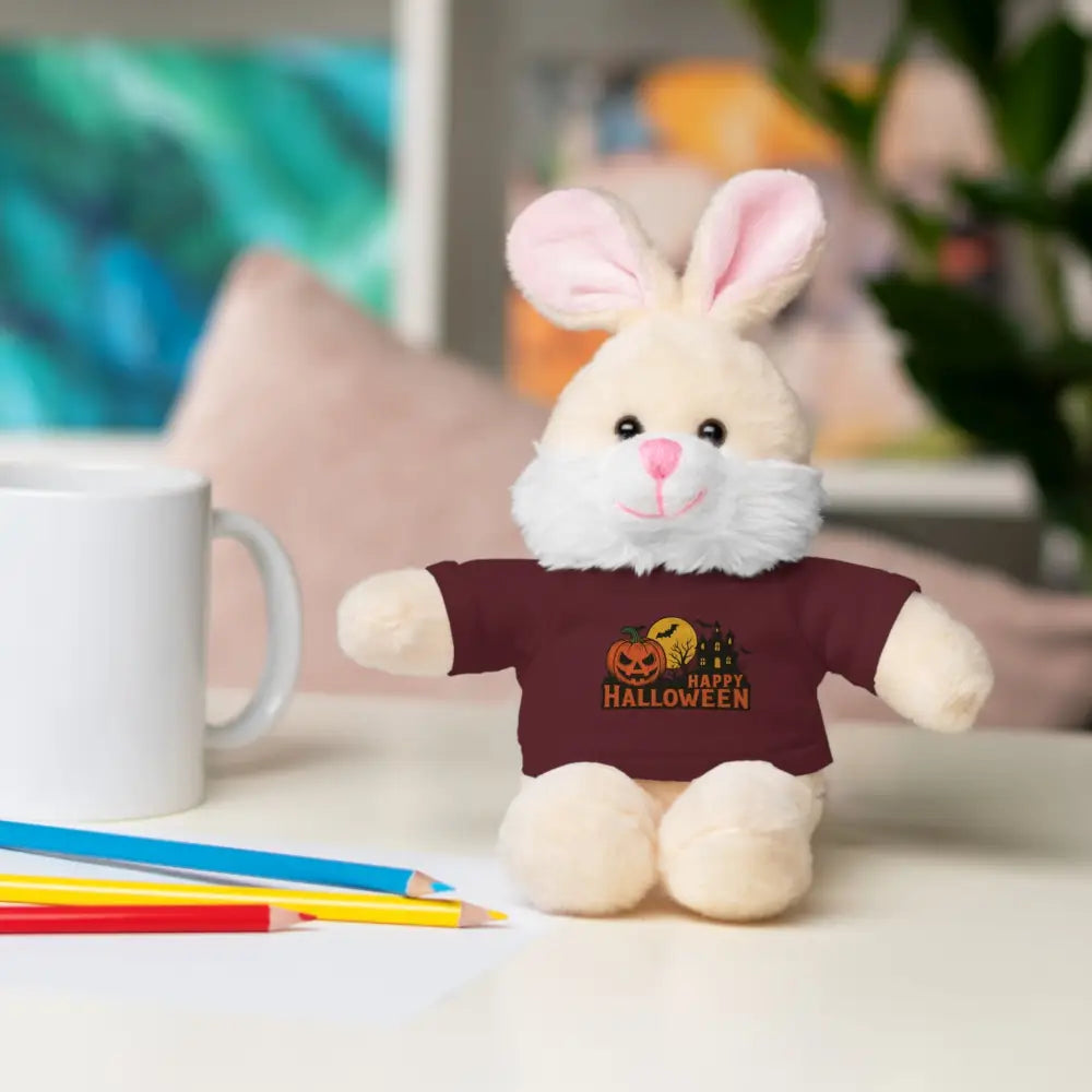 White plush bunny wearing Halloween haunted house t-shirt, collectible stuffed animal