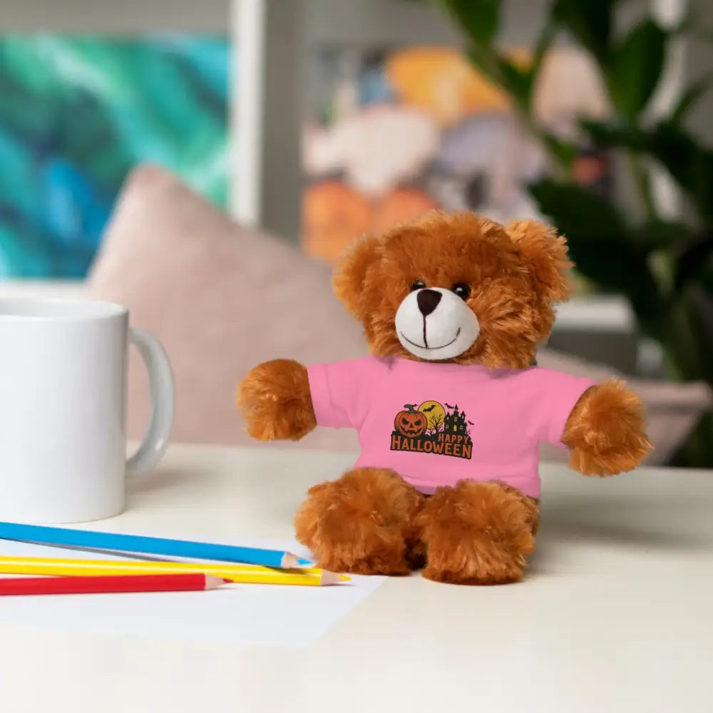 Brown teddy bear wearing a pink shirt from PixiOnyx Haunted House collectible plush toy