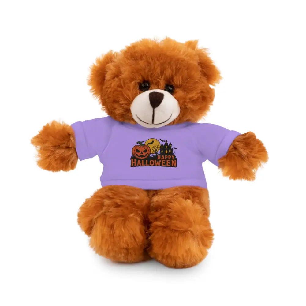 Fluffy brown teddy bear with purple Happy Halloween t-shirt haunted house themed collectible plush