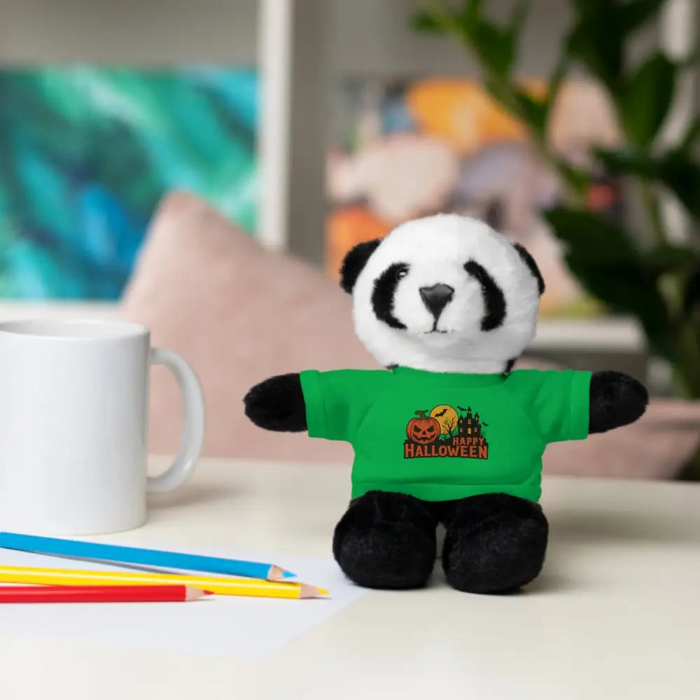 Black and white panda stuffed animal wearing a Halloween haunted house T-shirt, collectible plush