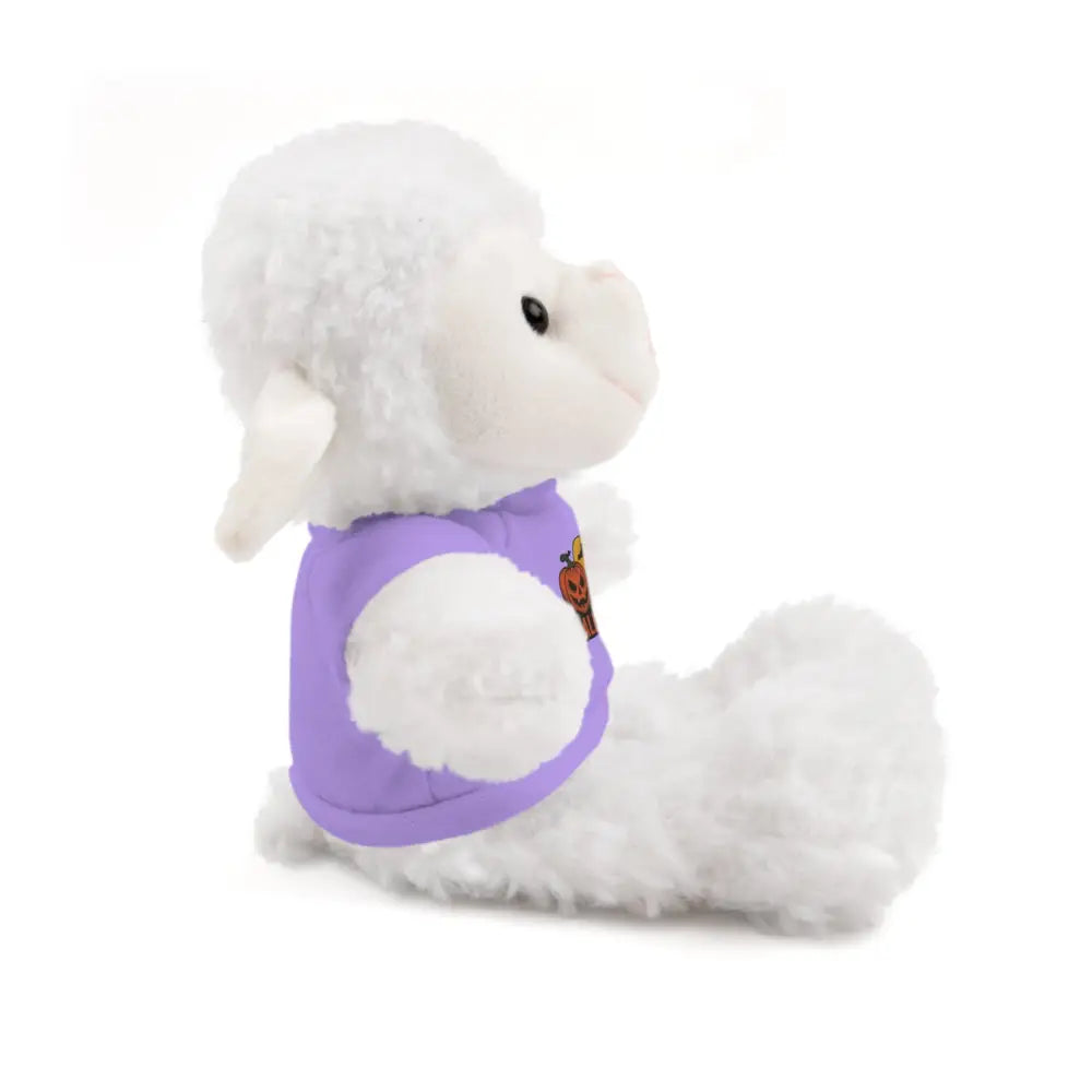 White lamb plush toy with purple tee from PixiOnyx haunted house collectible stuffed animal
