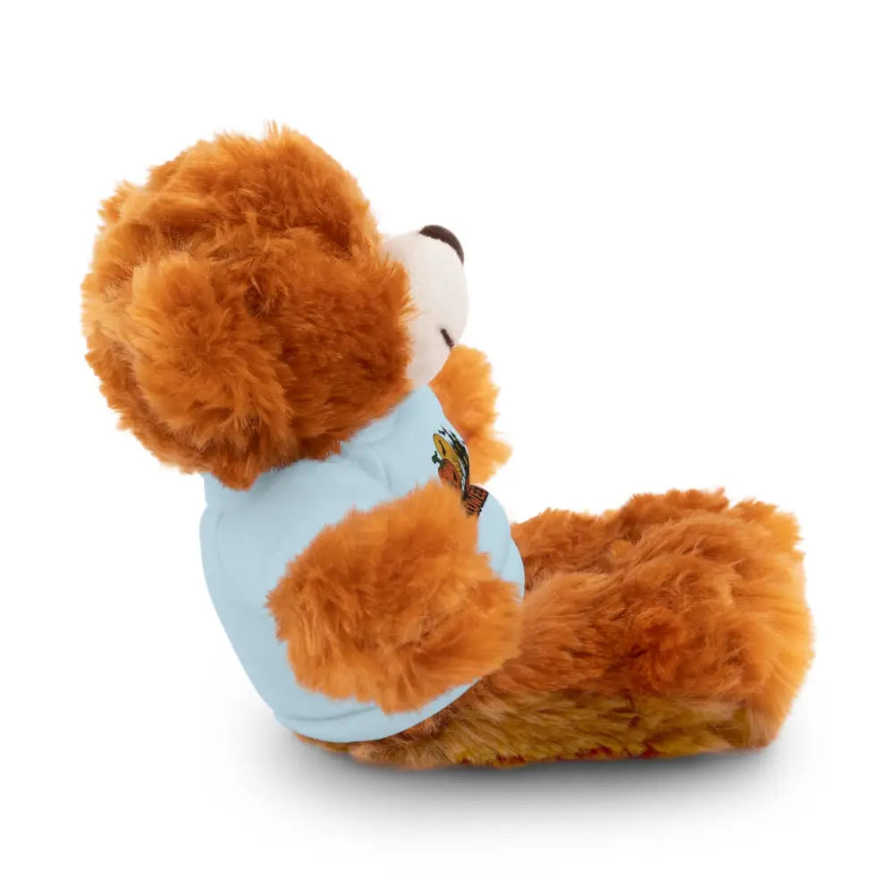 Plush brown teddy bear wearing light blue shirt from PixiOnyx Haunted House collectible plush