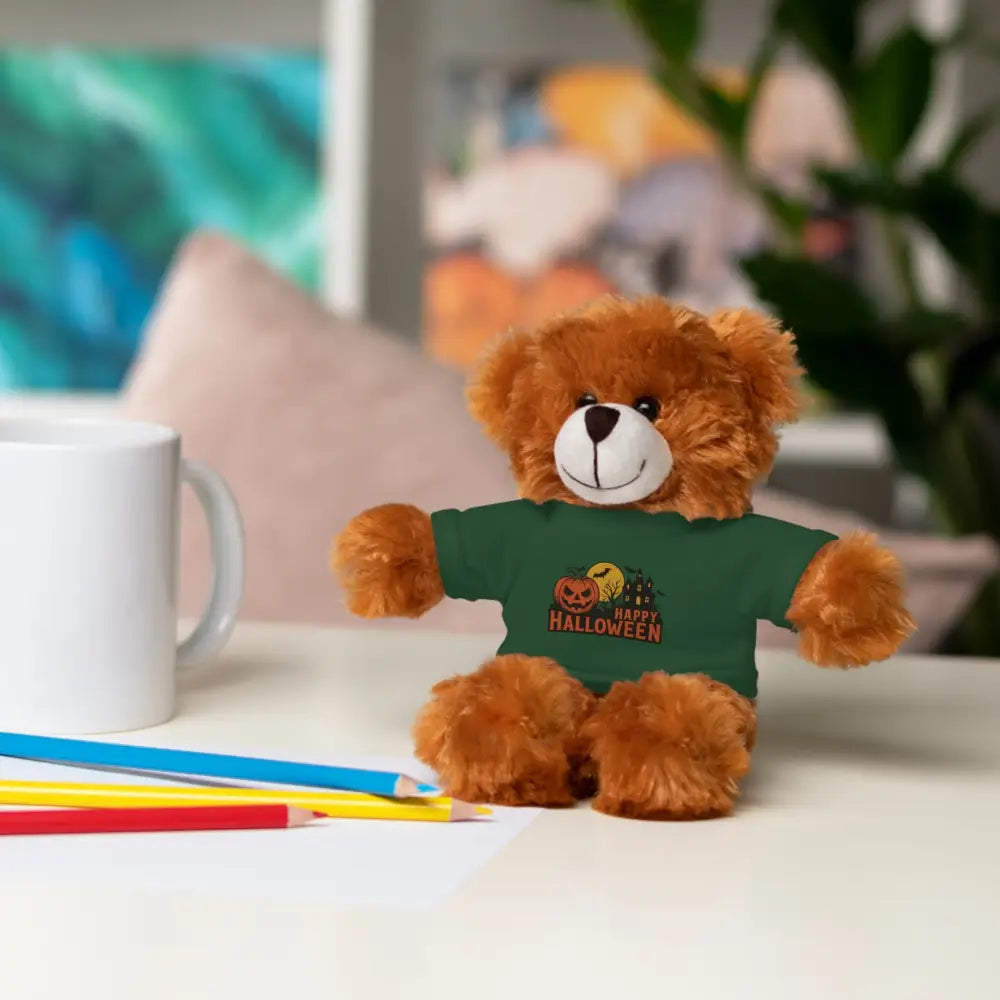 Plush brown teddy bear wearing Halloween haunted house themed T-shirt collectible plush toy