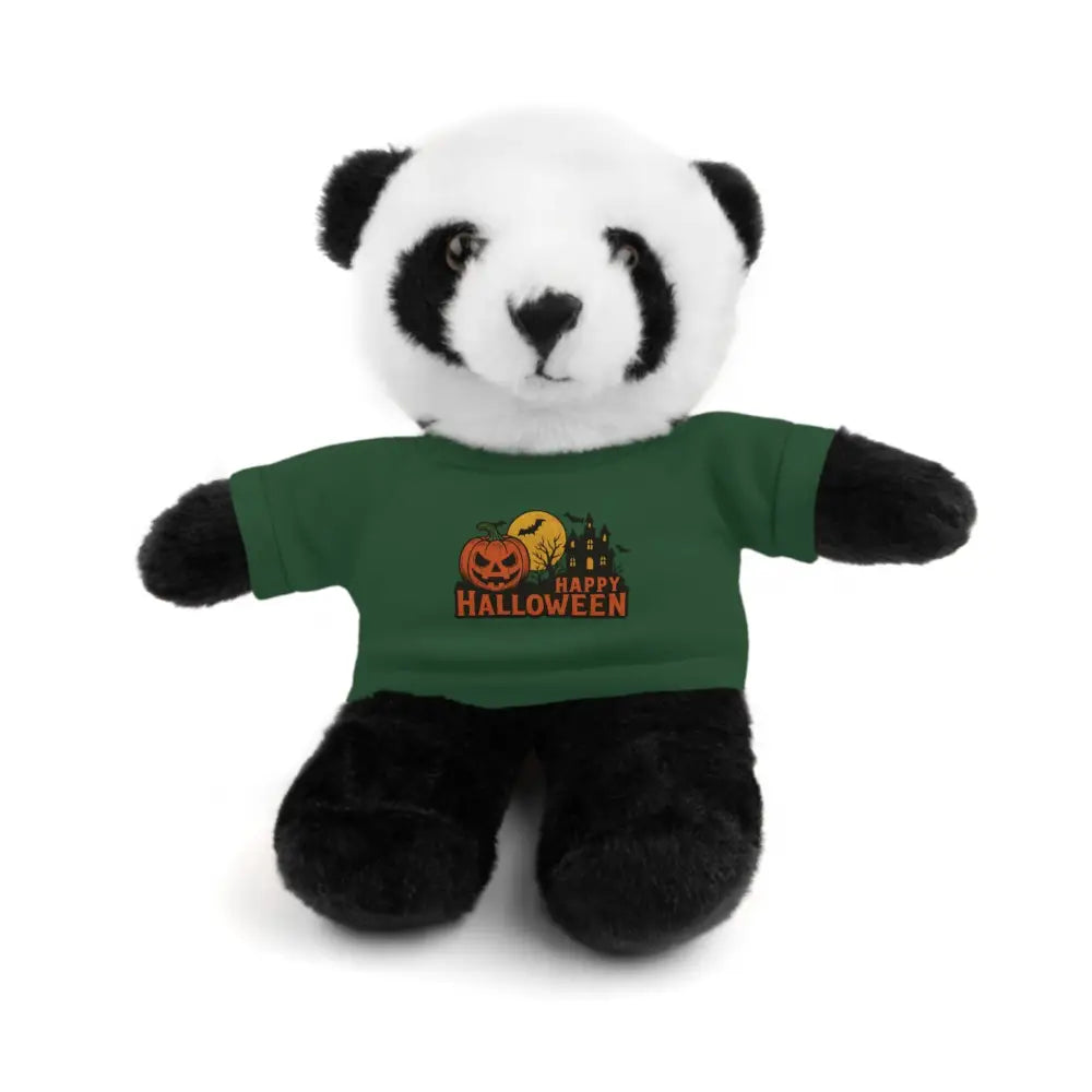 Plush panda toy wearing dark green haunted house T-shirt, collectible stuffed animal