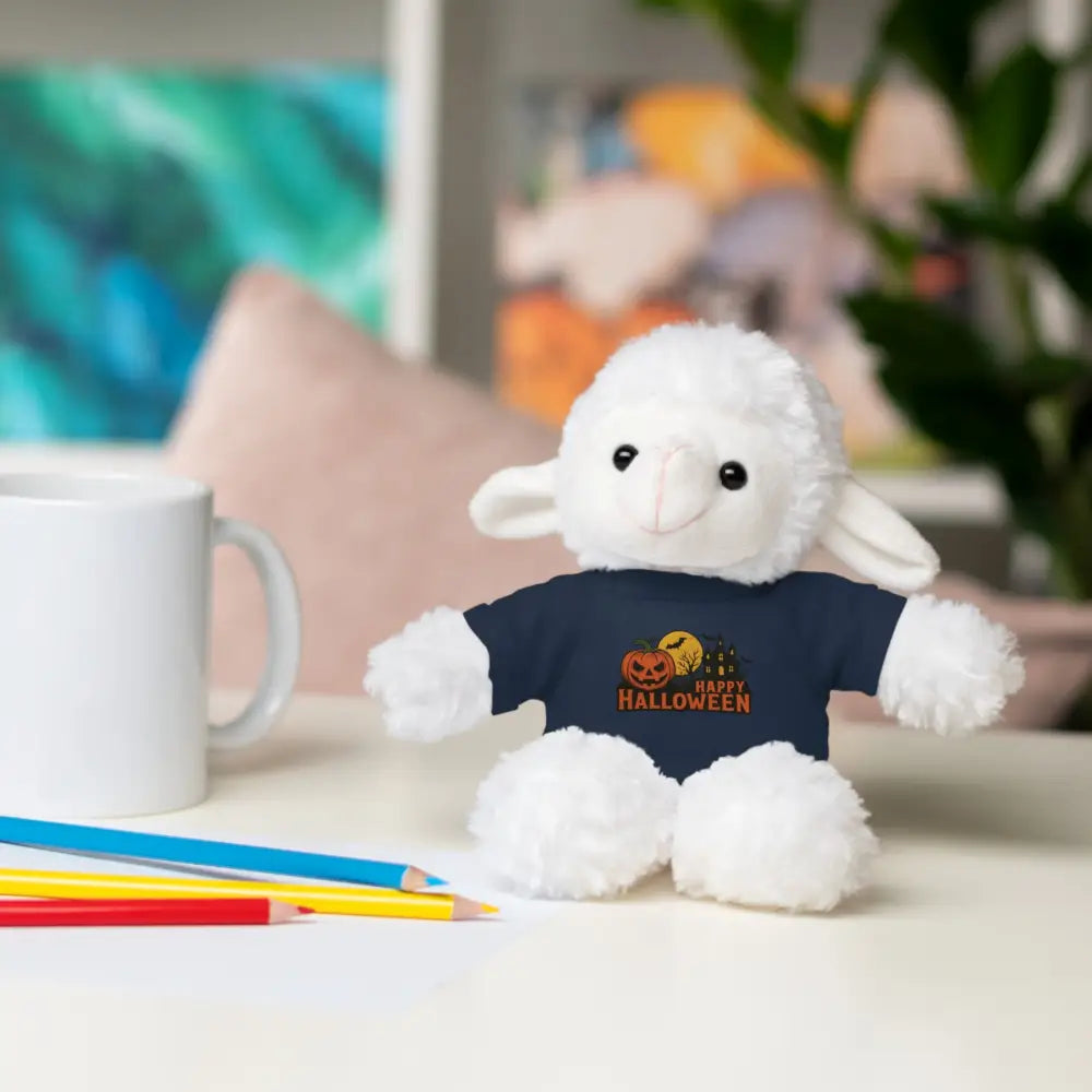 White lamb plush toy wearing Halloween haunted house tee collectible plush from PixiOnyx