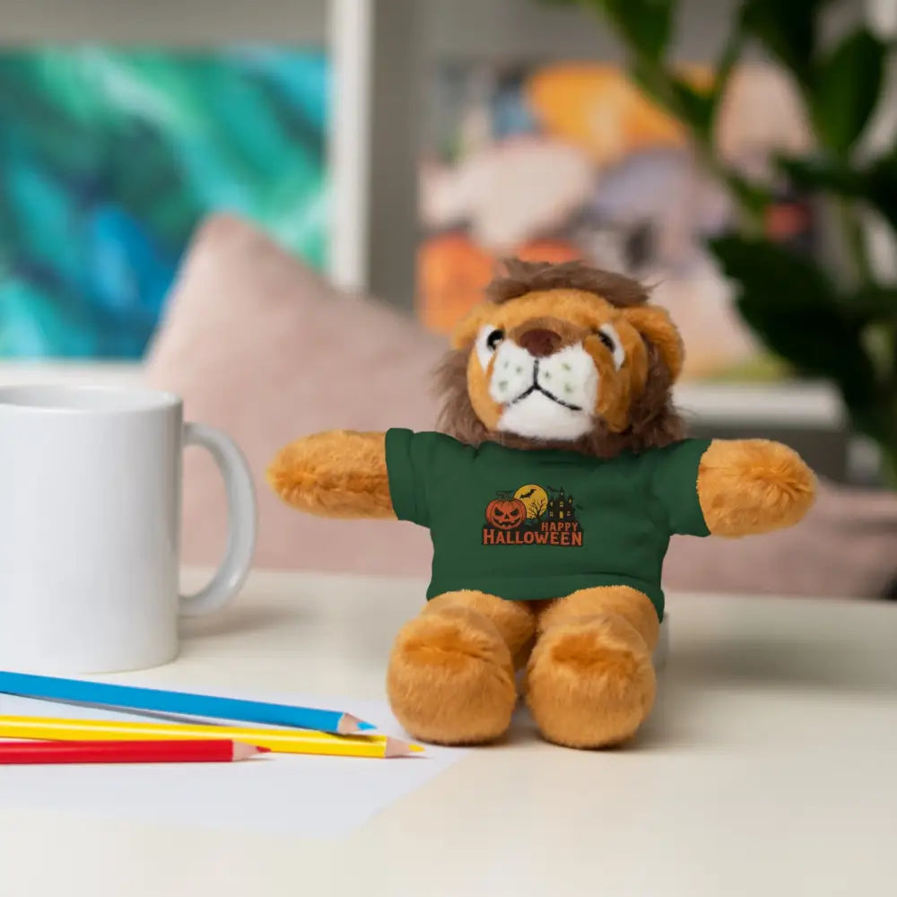 Plush lion toy wearing dark green haunted house Halloween T-shirt, collectible plush