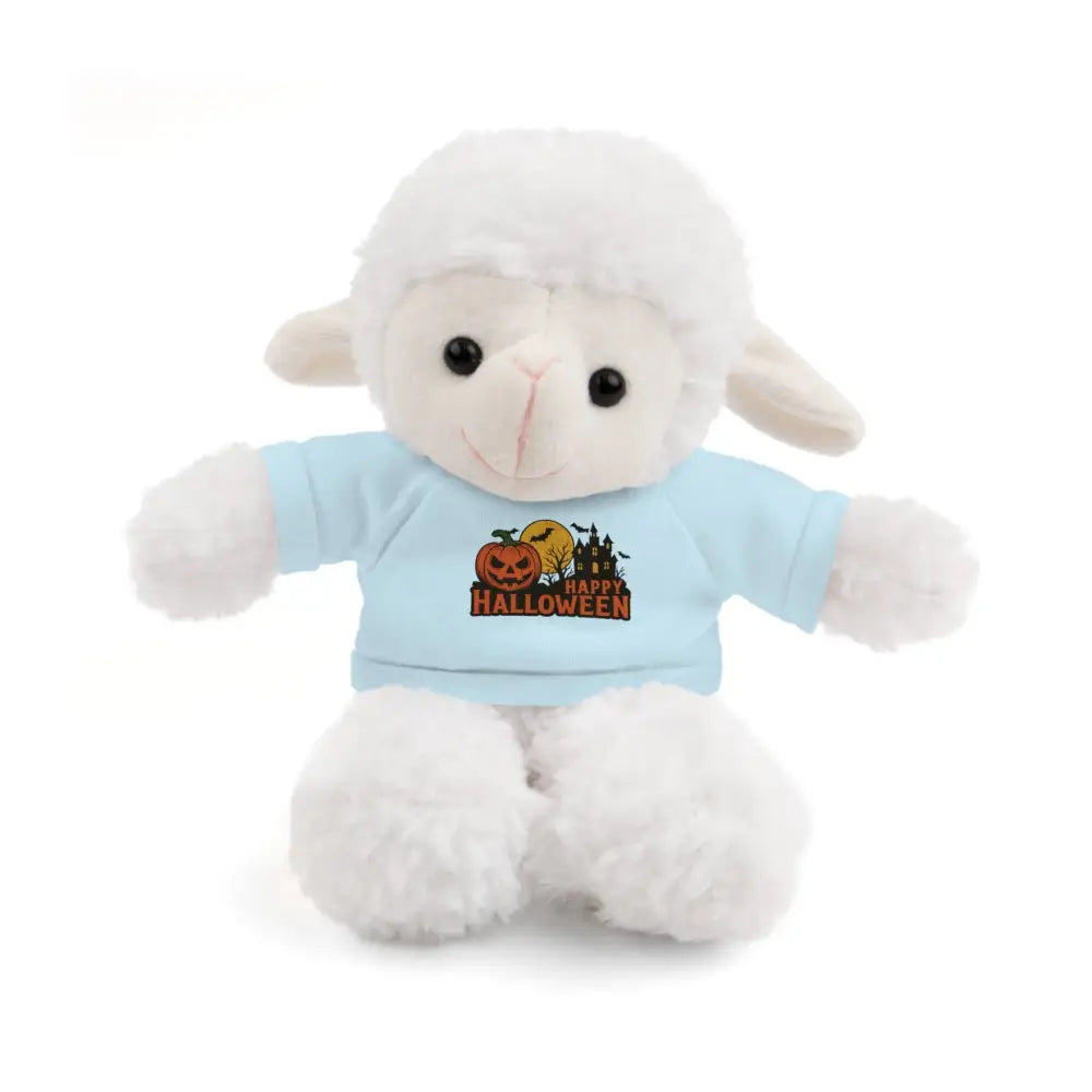 White plush lamb wearing a light blue Happy Halloween T-shirt, haunted house themed collectible plush