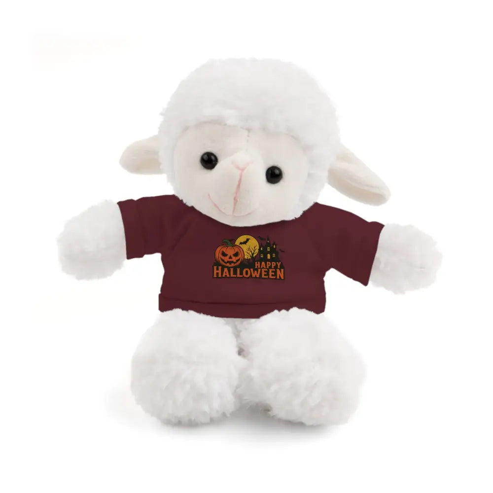 White plush lamb with haunted house themed Halloween T-shirt collectible plush toy