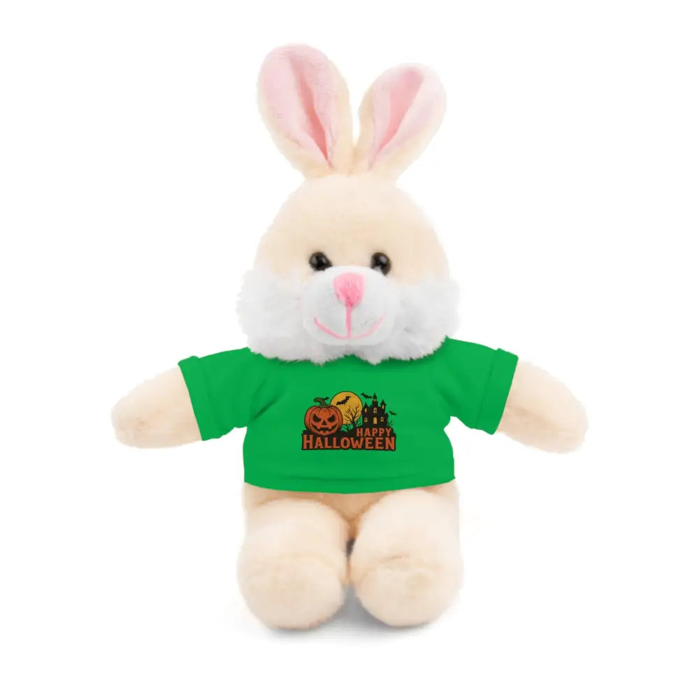 Cream-colored plush bunny wearing a green haunted house Halloween T-shirt collectible plush toy