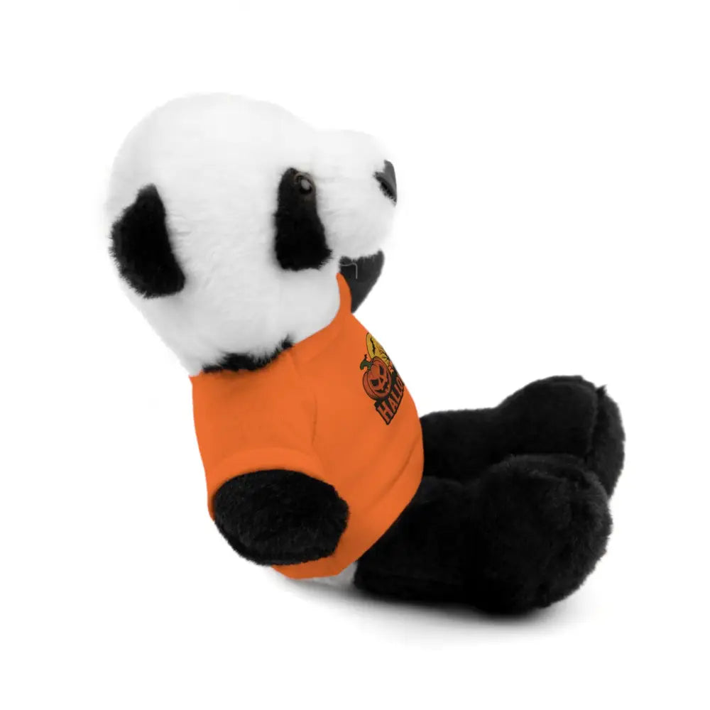 Plush panda toy wearing Halloween haunted house themed tee, collectible stuffed animal
