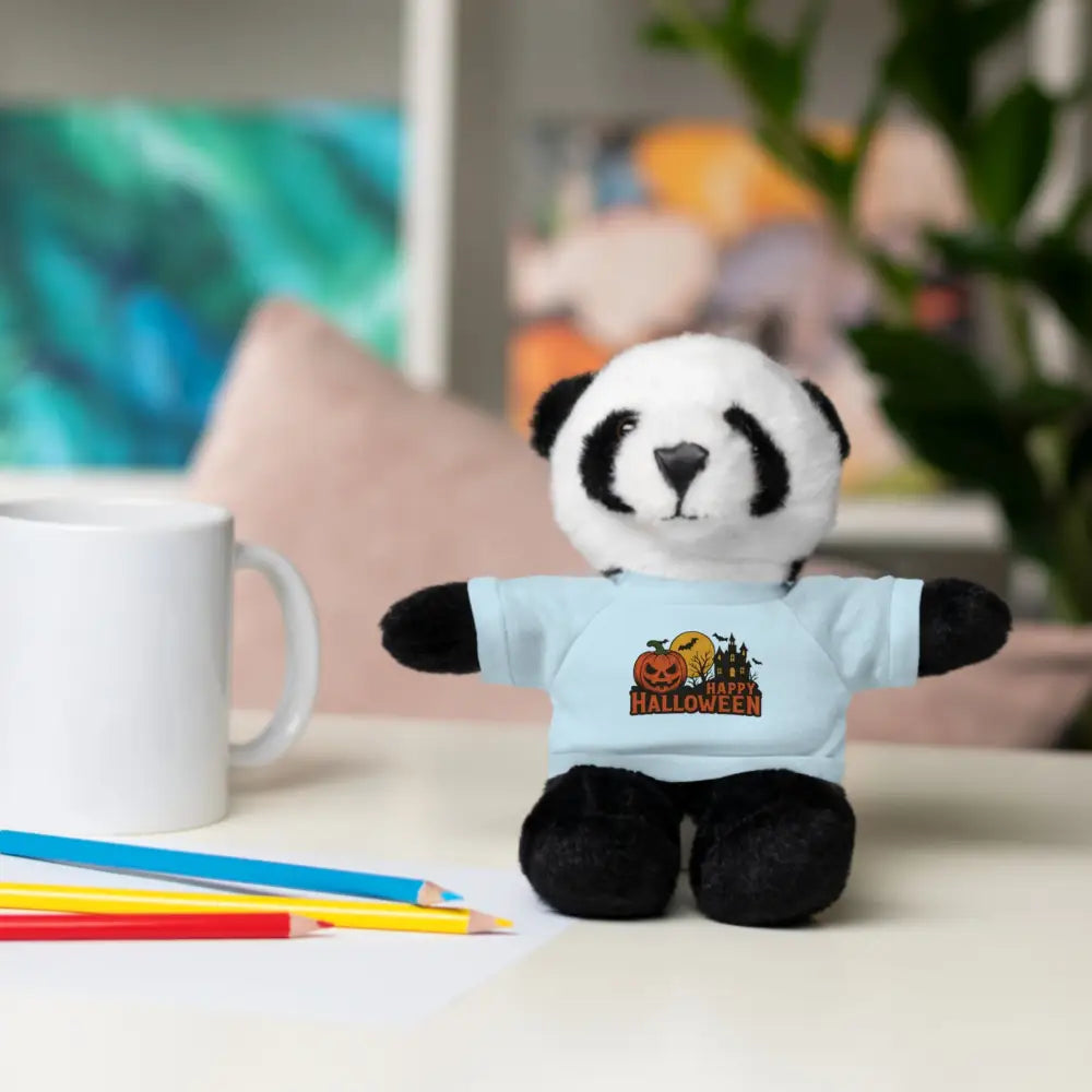 Plush panda toy wearing a light blue Happy Halloween T-shirt, collectible plush with haunted house design