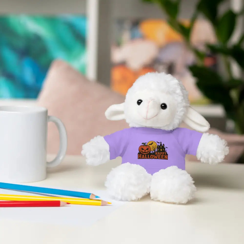 White plush lamb wearing lavender T-shirt from Halloween Stuffed Animal with Tee collection