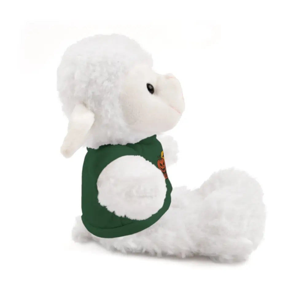 White plush lamb wearing a green pumpkin haunted house themed tee, collectible stuffed animal