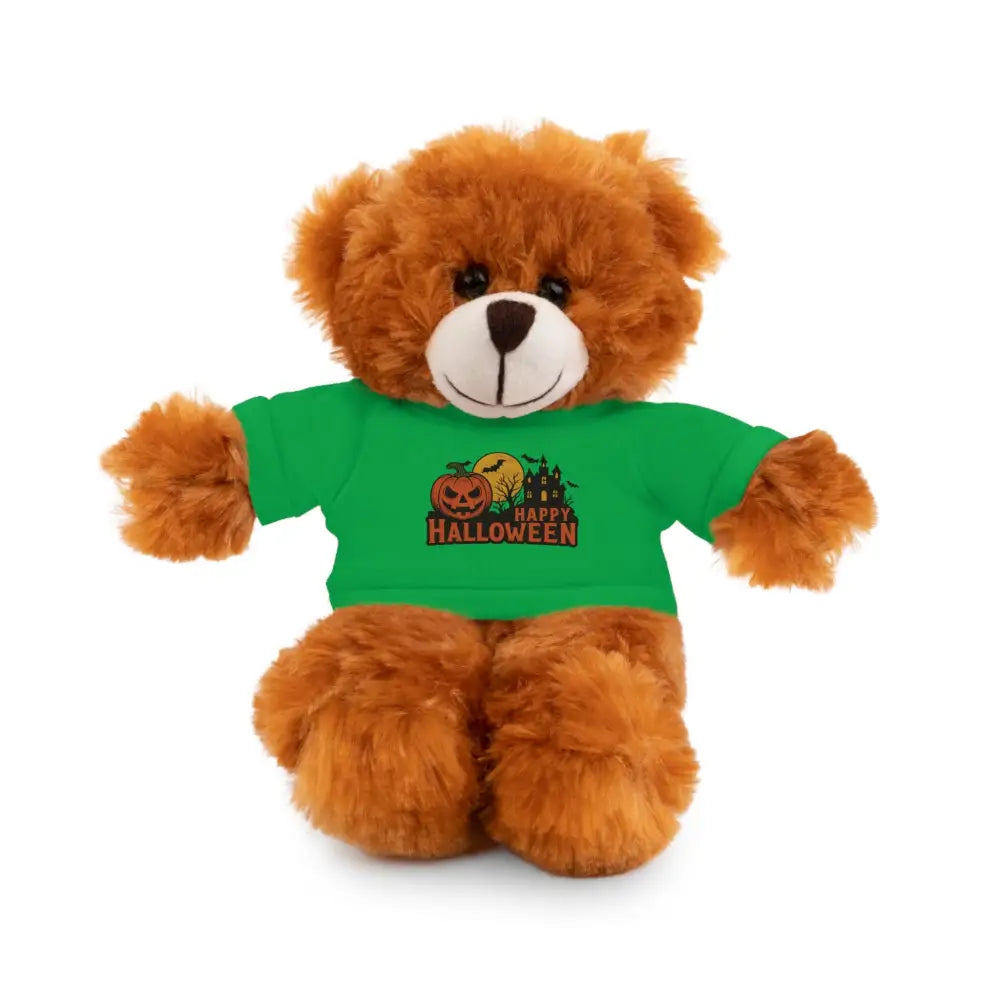 Brown plush teddy bear wearing a Halloween haunted house themed tee, collectible plush toy