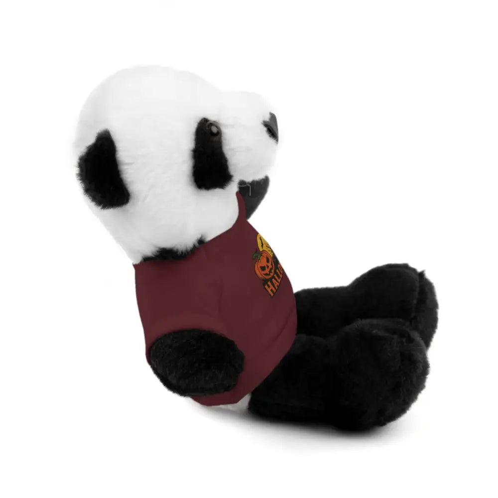 Plush panda stuffed animal wearing a maroon Halloween haunted house T-shirt collectible plush