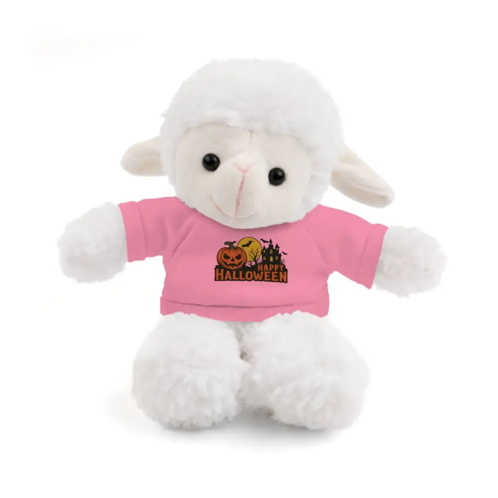 White plush lamb wearing a pink Halloween tee with haunted house design collectible plush