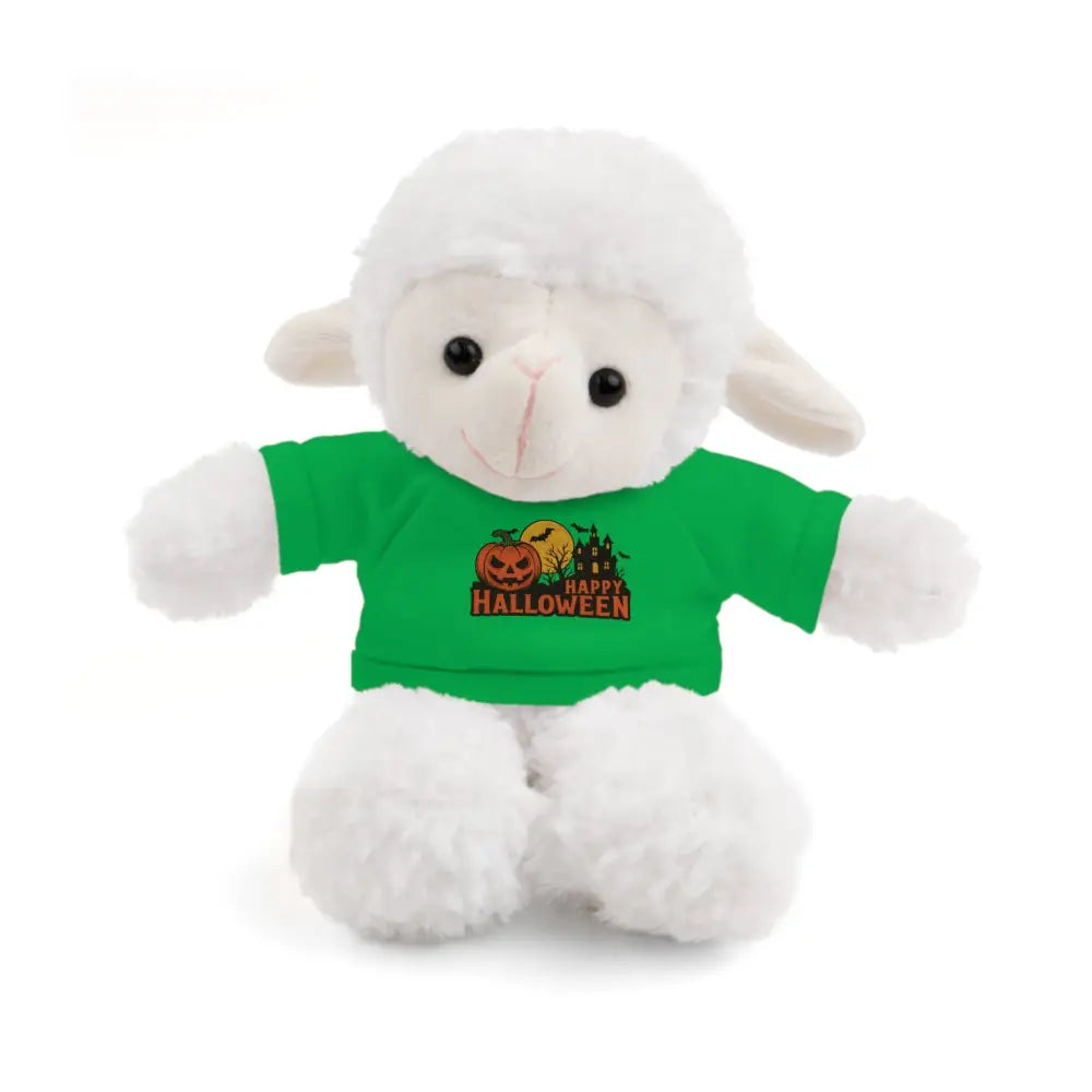 White lamb plush toy with haunted house themed green tee, collectible stuffed animal