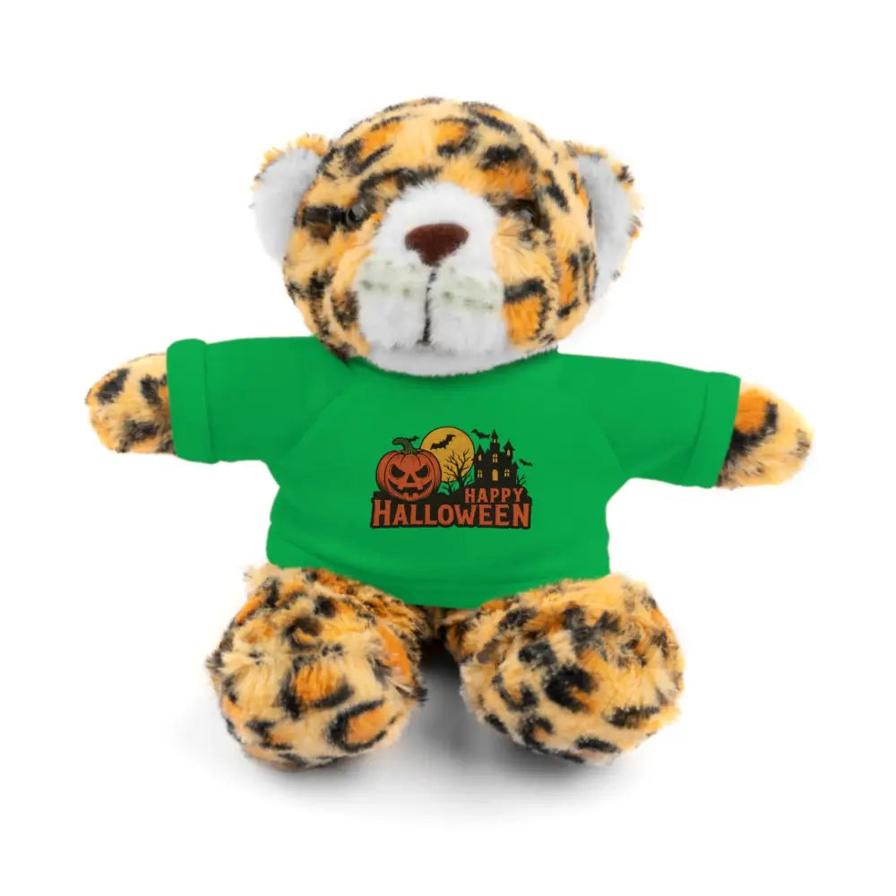 Leopard print plush toy wearing a green Happy Halloween t-shirt with haunted house design