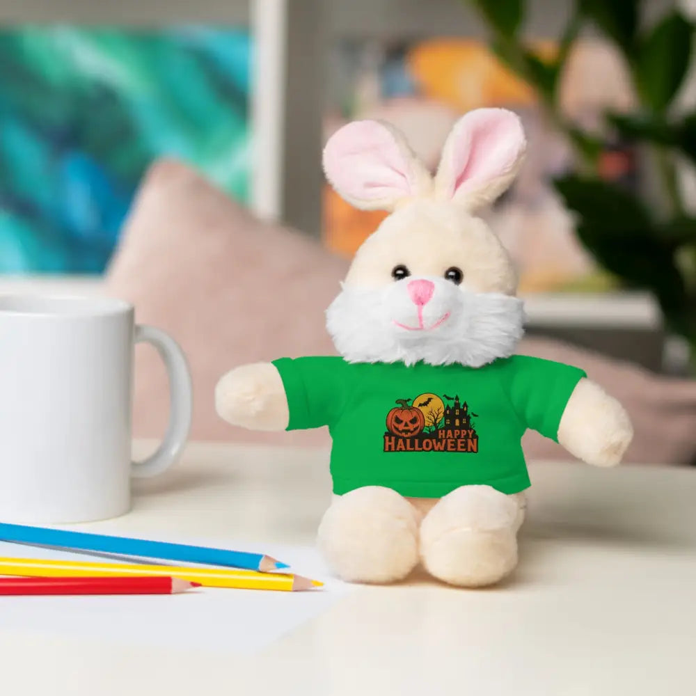 Plush bunny wearing a green Happy Halloween t-shirt with haunted house design, collectible plush toy