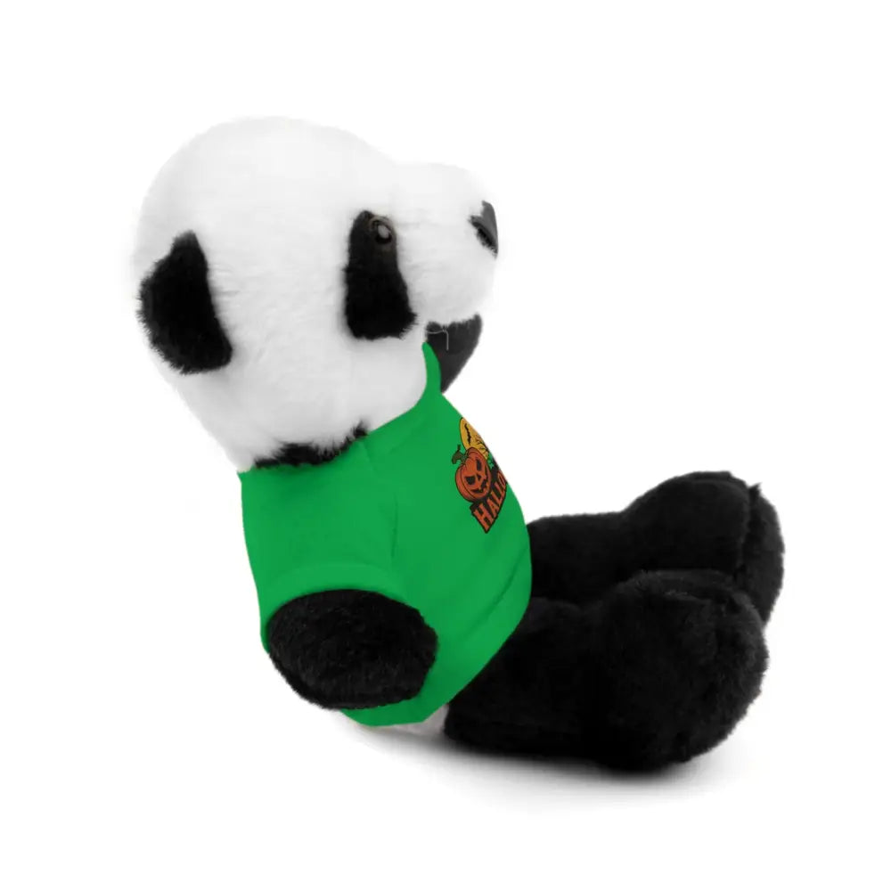 Plush panda toy wearing green Halloween shirt with haunted house design, collectible plush