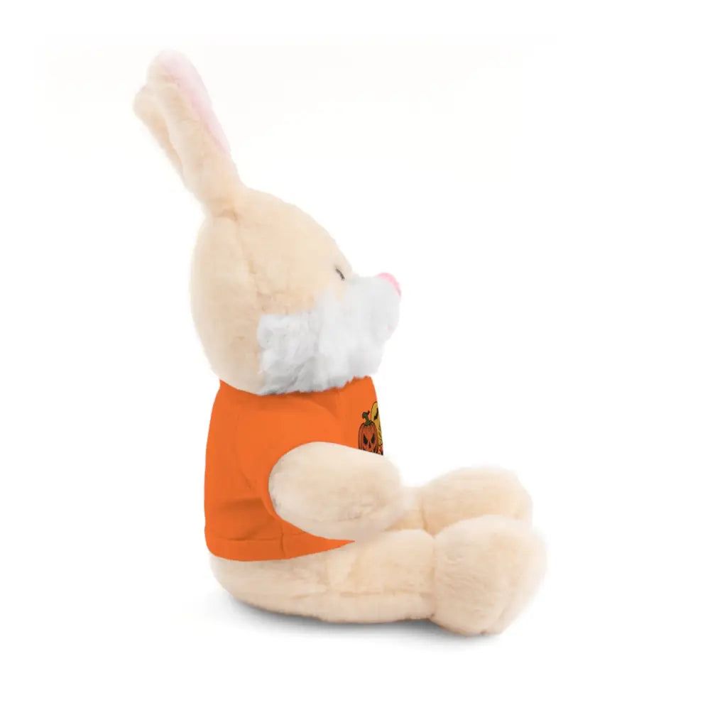 Plush rabbit toy wearing an orange haunted house pumpkin T-shirt, collectible plush toy
