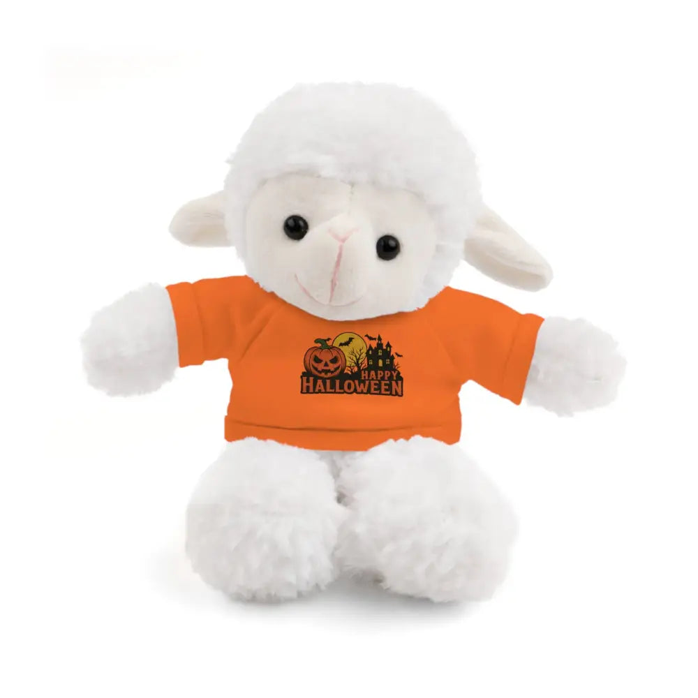 White plush lamb wearing orange Happy Halloween t-shirt from PixiOnyx haunted house collectible plush