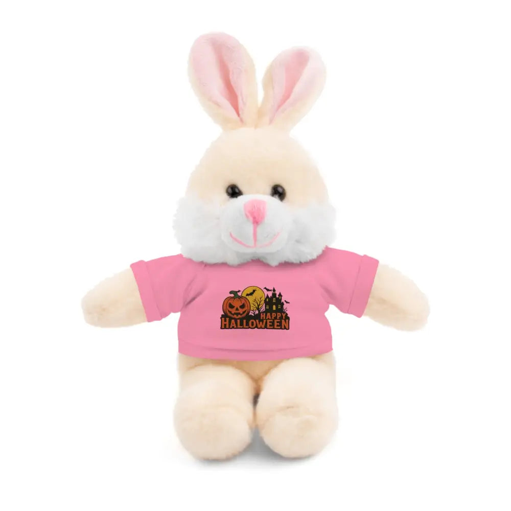 Plush bunny in pink Happy Halloween t-shirt from PixiOnyx haunted house stuffed animal collection