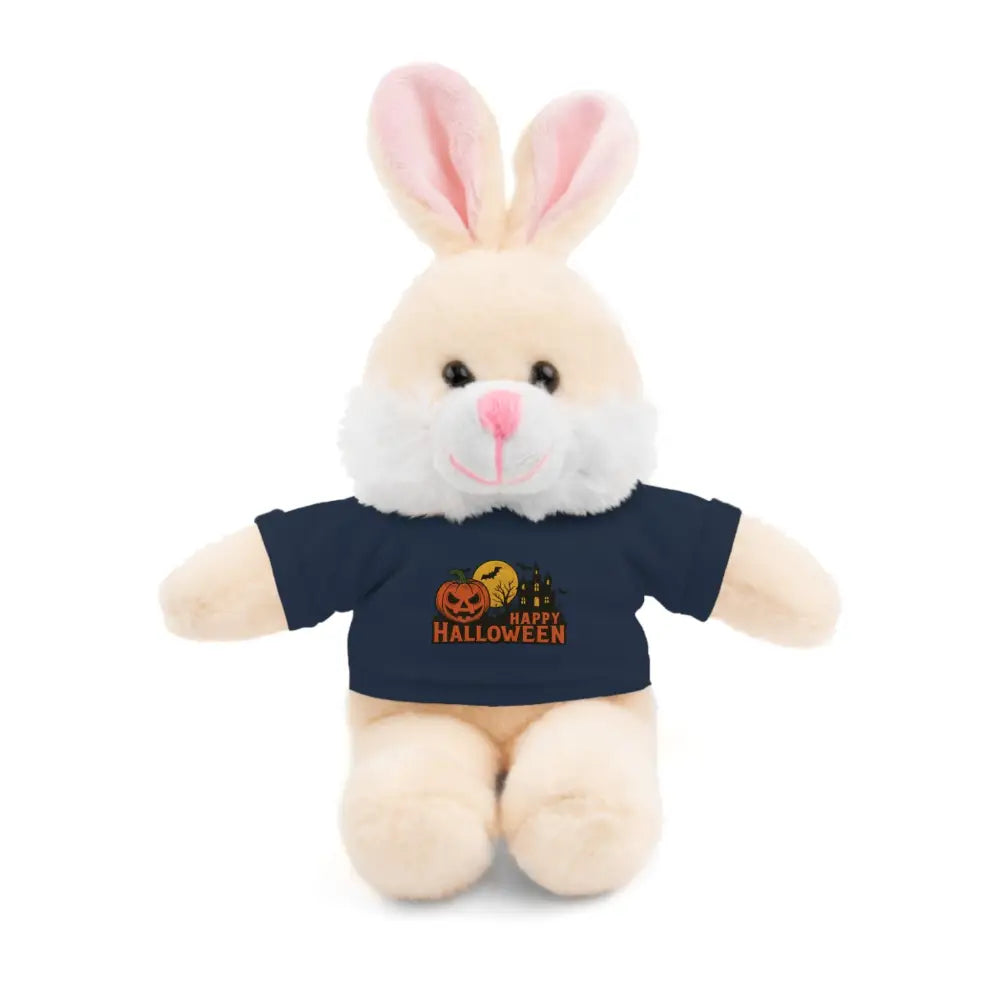 Cream-colored plush bunny wearing a dark blue Halloween Tee featuring haunted house design