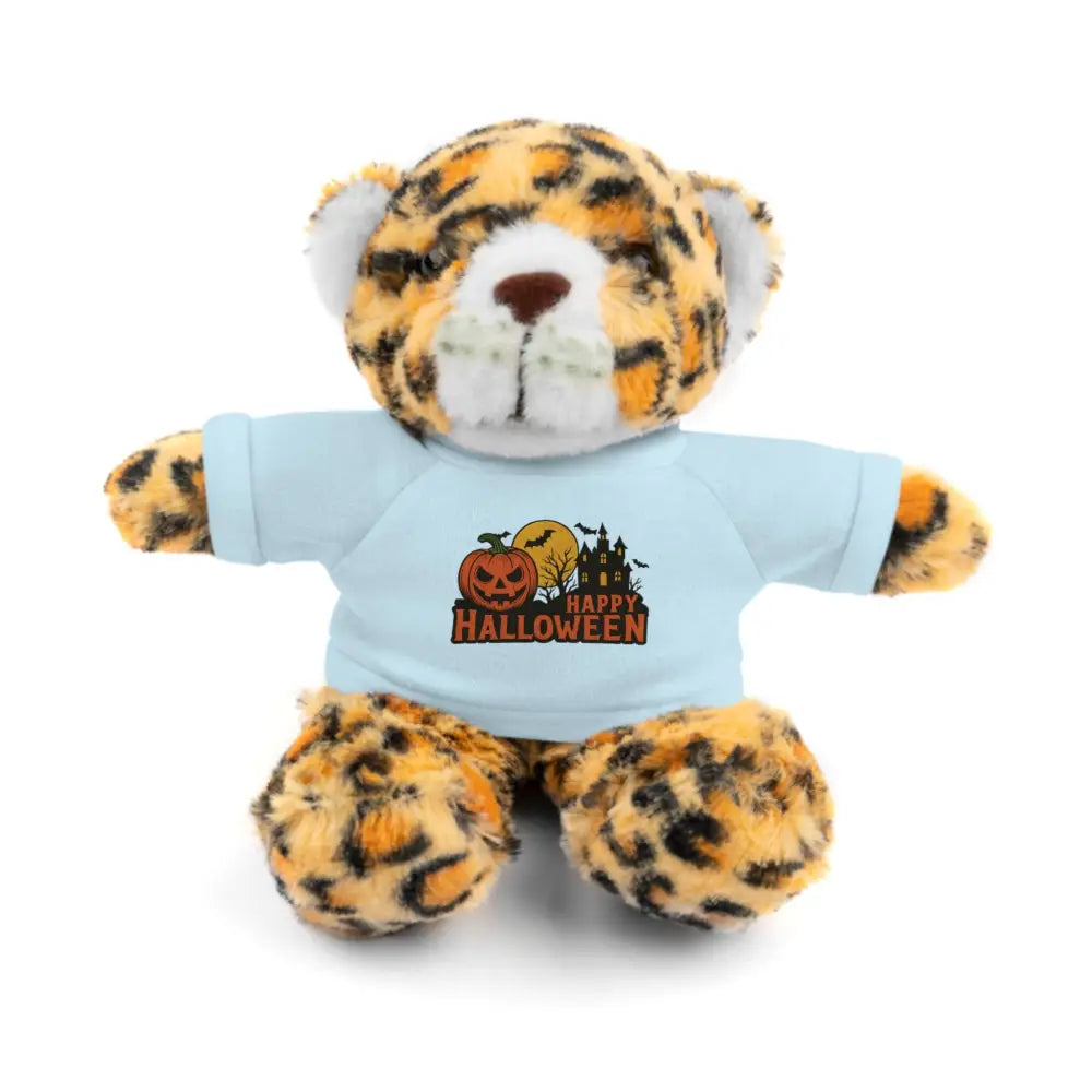 Leopard print plush toy wearing a light blue Happy Halloween T-shirt with haunted house design