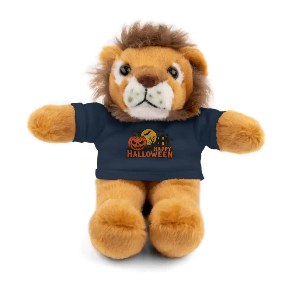 Plush lion wearing navy Halloween-themed T-shirt from PixiOnyx haunted house collectible plush